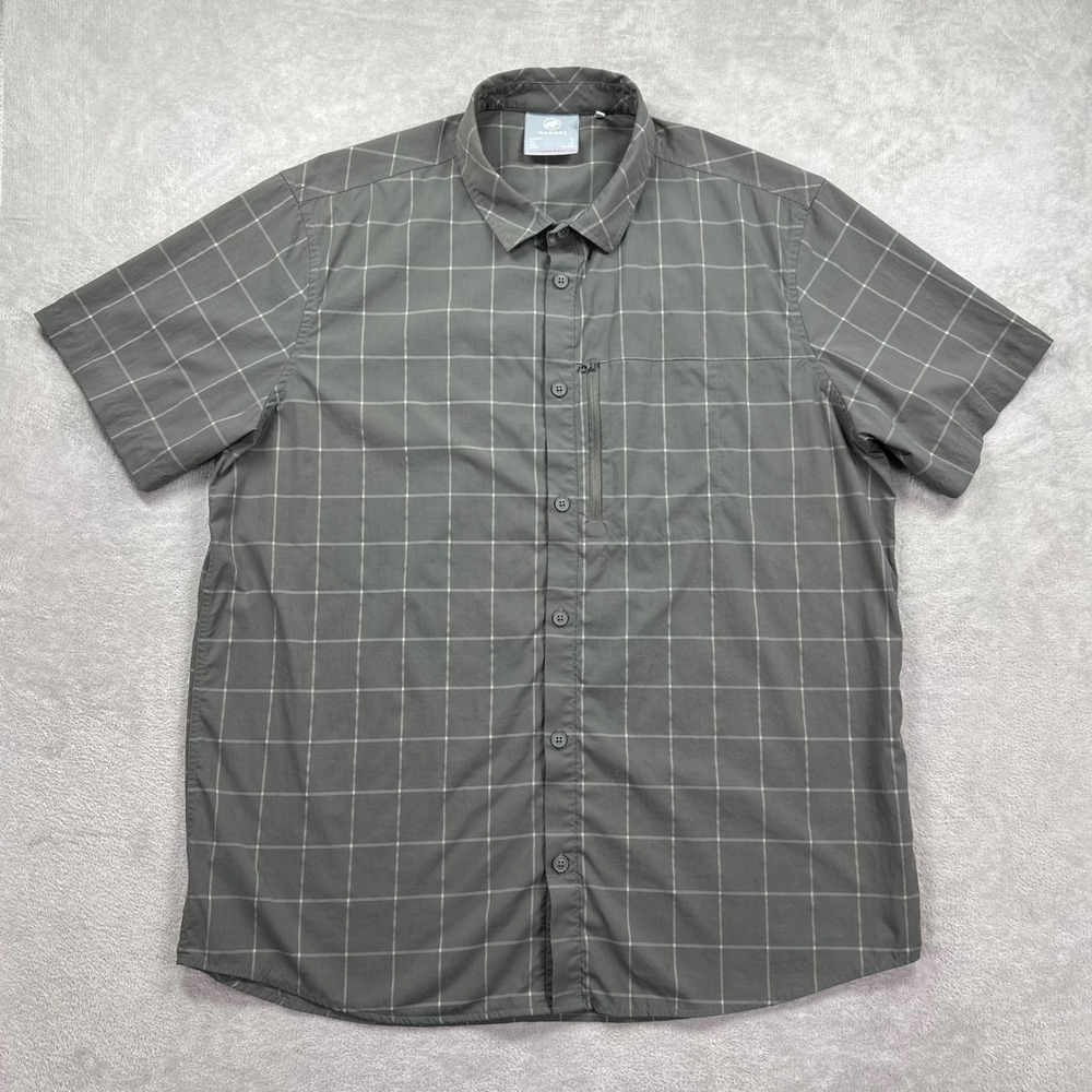 Mammut Button Down Shirt Men XL Grey Grid Short Sleeve Hiking Technical Stretch